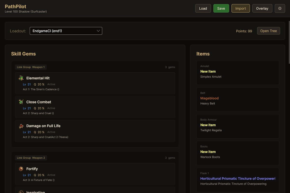 PathPilot main window with Skill Gems and Items